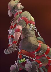 Rule 34 | 1boy, arms behind back, artist name, ass, bara, beard, black hair, black pants, bound, bound ankles, bound arms, bound leg, bound wrists, brown gloves, brown shirt, cassidy (overwatch), chain, cowboy hat, evinist, facial hair, gloves, gradient background, hat, highres, large pectorals, male focus, mechanical arms, muscular, muscular male, overwatch, overwatch 1, pants, pectorals, restrained, shirt, short hair, simple background, single mechanical arm, sitting, solo