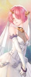Rule 34 | 1girl, bare shoulders, breasts, cleavage, dress, elbow gloves, fate/apocrypha, fate (series), frankenstein&#039;s monster (fate), gloves, hair over one eye, hanayaka, headgear, highres, horns, jewelry, lips, looking at viewer, medium breasts, necklace, orange eyes, pink hair, see-through, see-through cleavage, short hair, single horn, solo, veil, white dress, white gloves