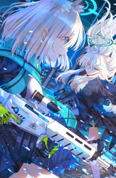 Rule 34 | 2girls, absurdres, animal ear fluff, animal ears, assault rifle, battle, black dress, black gloves, blue archive, blue eyes, blue scarf, broken halo, building, choker, collared shirt, commentary request, cross hair ornament, dress, dual persona, gloves, green gloves, grey hair, gun, hair between eyes, hair ornament, hair over one eye, halo, highres, long hair, long sleeves, looking at another, medium hair, mismatched pupils, multiple girls, necktie, night, night sky, plaid, plaid skirt, pleated skirt, rifle, scarf, school uniform, shiroko (blue archive), shiroko terror (blue archive), shirt, sidelocks, sig sauer 556, skirt, sky, skyscraper, star (sky), starry sky, sysen, weapon, wolf ears, wolf girl