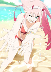 Rule 34 | 10s, 1girl, absurdres, aqua eyes, beach, bikini, bracelet, breasts, collarbone, darling in the franxx, day, derivative work, fingernails, gluteal fold, hairband, highres, horns, jewelry, long fingernails, long hair, looking at viewer, makeup, medium breasts, ocean, one eye closed, open mouth, outdoors, pink hair, red bikini, solo, swimsuit, white hairband, zero two (darling in the franxx)