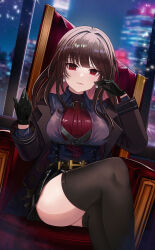 1girl absurdres black_gloves black_jacket black_pantyhose black_thighhighs breasts brown_hair chair city_lights dutch_angle gloves gmg highres jacket large_breasts looking_at_viewer original pantyhose purple_shirt red_eyes shirt sitting thighhighs thighs