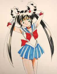 Rule 34 | 1girl, arms up, back bow, bishoujo senshi sailor moon, black hair, blue sailor collar, blue skirt, bow, bowtie, choker, circlet, cosplay, crescent, crescent choker, crescent earrings, crossover, earrings, elbow gloves, gloves, green eyes, highres, jewelry, long hair, looking at viewer, magical girl, mamono hunter youko, mano youko, miniskirt, miyao gaku, parody, red bow, red bowtie, red choker, sailor collar, sailor moon, sailor moon (cosplay), sailor senshi, sailor senshi uniform, simple background, skirt, smile, solo, standing, style parody, traditional media, twintails, white background, white gloves, yin yang