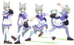 Rule 34 | 1girl, animal ears, baseball, baseball glove, blue eyes, bow, bowtie, breasts, brown footwear, clenched teeth, closed mouth, full body, grey hair, hair ornament, hairclip, high heels, highres, horse ears, horse girl, horse tail, looking afar, motion blur, multiple views, nishiki kazue, open mouth, pitching, purple shirt, sailor collar, school uniform, seiun sky (umamusume), sequential, shadow, shirt, shoes, short hair, short sleeves, skirt, small breasts, smile, standing, tail, teeth, thighhighs, tracen school uniform, umamusume, v-shaped eyebrows, white skirt, white thighhighs