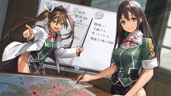 Rule 34 | 2girls, blush, breasts, brown eyes, brown hair, buttons, chikuma (kancolle), closed mouth, commission, green jacket, hair between eyes, hair ribbon, hat, highres, holding, holding pen, jacket, kantai collection, large breasts, long hair, long sleeves, military, military uniform, multiple girls, naval uniform, open clothes, open mouth, peaked cap, pelvic curtain, pen, ribbon, short sleeves, skeb commission, smile, tantaka, tone (kancolle), twintails, uniform, white headwear, white ribbon, whiteboard
