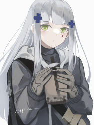 Rule 34 | 1girl, absurdres, agent 416 (girls&#039; frontline), blue jacket, brown gloves, bubble tea, girls&#039; frontline, gloves, green eyes, hair ornament, highres, hk416 (girls&#039; frontline), holding, jacket, long hair, looking at viewer, open clothes, open jacket, signature, simple background, solo, teardrop facial mark, teardrop tattoo, ubah, white hair, x hair ornament