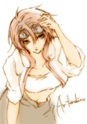 Rule 34 | 00s, 1girl, ar tonelico, ar tonelico i, arm up, breasts, brown eyes, cleavage, collarbone, female focus, gust, krusche elendia, looking at viewer, lowres, navel, pink hair, sidelocks, simple background, solo, sordino, stomach, white background