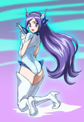 Rule 34 | 00s, 1girl, aono miki, ass, boots, cure berry, detached sleeves, energy gun, female focus, fresh precure!, from behind, full body, gradient background, gun, hajime (caramel toone), headphones, kneeling, leotard, long hair, official alternate costume, precure, purple eyes, purple hair, ray gun, solo, thigh boots, thighhighs, weapon