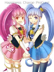 Rule 34 | 10s, 2girls, aino megumi, bad id, bad pixiv id, blue eyes, blue hair, blue skirt, blue thighhighs, boots, bow, brooch, copyright name, crown, cure lovely, cure princess, earrings, english text, eyelashes, grin, hair ornament, hair ribbon, happinesscharge precure!, happy, heart, heart brooch, heart hair ornament, jewelry, long hair, looking at viewer, magical girl, multiple girls, one eye closed, open mouth, pink bow, pink eyes, pink hair, pink skirt, ponytail, precure, ribbon, sah1205, shirayuki hime, shirt, simple background, skirt, smile, standing, thigh boots, thighhighs, thighs, tomozu, twintails, white background, white legwear, wide ponytail, wink, wrist cuffs