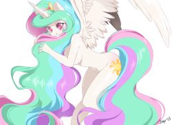 Rule 34 | artist name, breasts, celestia (my little pony), crown, cutie mark, english text, grabbing another&#039;s hair, horns, jiayi, long hair, multicolored hair, my little pony, my little pony: friendship is magic, nude, personification, pink eyes, single horn, sketch, smile, tail, text focus, very long hair, wings