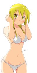 Rule 34 | 1girl, absurdres, bikini, blonde hair, blush, breasts, female focus, groin, highres, ichii yui, large breasts, looking at viewer, nasutane, navel, simple background, smile, solo, swimsuit, twintails, white background, white bikini, yellow eyes, yuyushiki