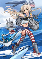 Rule 34 | 1girl, anchor hair ornament, black hairband, black neckerchief, black panties, blonde hair, blue sailor collar, blue skirt, blue sky, cloud, commentary request, crop top, elbow gloves, fish, full body, gloves, grey eyes, hair ornament, hairband, highleg, highleg panties, highres, kantai collection, long hair, microskirt, miniskirt, neckerchief, osananajimi neko, panties, pleated skirt, rensouhou-chan, sailor collar, shimakaze (kancolle), skirt, sky, solo, striped clothes, striped thighhighs, thighhighs, underwear, unfinished, white gloves
