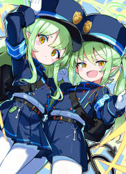 Rule 34 | 2girls, belt, black belt, black hat, black jacket, black shorts, black skirt, black tail, blue archive, blush, buttons, closed mouth, demon tail, double-breasted, fang, gloves, green hair, green halo, halo, hat, hikari (blue archive), nozomi (blue archive), highres, jacket, long hair, long sleeves, multiple girls, omochishiki, open mouth, pantyhose, peaked cap, pleated skirt, pointy ears, shorts, sidelocks, skin fang, skirt, smile, tail, twintails, white gloves, white pantyhose, yellow eyes
