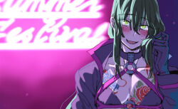 Rule 34 | 1boy, black gloves, black shirt, blush, chest tattoo, commentary request, dragon tattoo, fate/grand order, fate (series), flower tattoo, gedougawa, gloves, green eyes, green hair, hair between eyes, twirling hair, long bangs, long hair, looking at viewer, male focus, neon trim, open mouth, pectorals, popped collar, shirt, sidelocks, smile, solo, tattoo, upper body, yan qing (fate)