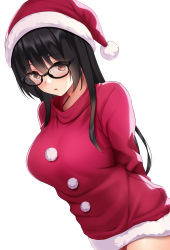 Rule 34 | 1girl, absurdres, arms behind back, bikini, black-framed eyewear, black hair, blush, breasts, brown eyes, collarbone, fur-trimmed headwear, fur-trimmed sweater, fur trim, glasses, hat, highres, huyumitsu, long hair, looking at viewer, medium breasts, open mouth, original, pom pom (clothes), red bikini, red hat, red sweater, santa hat, simple background, solo, standing, straight hair, sweater, swimsuit, white background