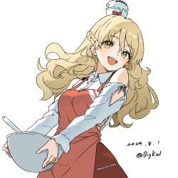 1girl absurdres apron bare_shoulders bigkwl blonde_hair blush bowl braid breasts brown_eyes cooking cowboy_shot dated hair_between_eyes hat highres kantai_collection large_breasts long_hair long_sleeves looking_at_viewer mini_hat open_mouth shirt side_braid smile solo twitter_username wavy_hair white_shirt zara_(kancolle)