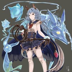 Rule 34 | &gt;:(, 10s, 1girl, animal ears, bad id, bad pixiv id, belt, belt skirt, black gloves, blue hair, breasts, brown eyes, dated, erune, ferry (granblue fantasy), frown, gloves, granblue fantasy, highres, holding, holding weapon, long hair, looking at viewer, neckerchief, no bra, pale skin, rabbit, rabbit ears, sideboob, simple background, small breasts, standing, v-shaped eyebrows, vyowolf, wavy hair, weapon, whip, wolf