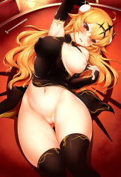 Rule 34 | 10s, 1girl, ahoge, arm up, armpits, black dress, black gloves, black panties, black rock shooter, black thighhighs, blonde hair, blush, breasts, bun cover, chair, chariot (black rock shooter), china dress, chinese clothes, chopstick rest, chopsticks, cleft of venus, clothes lift, collarbone, colored pubic hair, covered erect nipples, crossover, double bun, dress, dress lift, elbow gloves, embarrassed, eyelashes, female pubic hair, fingerless gloves, floor, gloves, hair bun, headgear, highres, large breasts, long hair, looking at viewer, lying, m-da s-tarou, navel, nipples, no bra, on back, on table, one breast out, open clothes, open dress, panties, parody, pubic hair, pulling own clothes, pussy, red eyes, short dress, sleeveless, sleeveless dress, solo, stomach, sweat, table, thigh gap, thighhighs, unbuttoned, uncensored, underwear