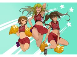 Rule 34 | 3girls, :3, armpits, attall, blush, breasts, brown hair, cheerleader, crop top, crop top overhang, flat chest, green hair, long hair, midriff, multiple girls, nanbo ataru (attall), navel, open mouth, original, pom pom (cheerleading), red eyes, short hair, skirt, smile, stitched mouth, stitches, twintails