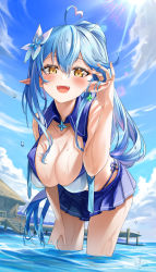 Rule 34 | 1girl, :d, bare arms, bent over, bikini, blue hair, blue skirt, blue sky, blush, breasts, cleavage, cloud, collarbone, commentary request, cowboy shot, day, detached collar, earrings, elf, flower, hair between eyes, hair flower, hair ornament, hand in own hair, hand on own thigh, hand up, highleg, highleg bikini, highres, hololive, jewelry, kito koruta, large breasts, long hair, looking at viewer, open mouth, outdoors, pleated skirt, pointy ears, signature, skirt, sky, smile, solo, standing, swimsuit, very long hair, virtual youtuber, wading, water, wet, white bikini, white flower, yellow eyes, yukihana lamy
