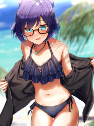 Rule 34 | 1girl, a-chan (hololive), absurdres, ahoge, beach, bikini, black-framed eyewear, black hoodie, blue bow, blue eyes, blush, bow, breasts, frilled bikini, frills, glasses, hair bow, hair ornament, highres, hololive, hood, hoodie, jewelry, looking at viewer, navel, necklace, open clothes, open mouth, outdoors, palm leaf, purple hair, shara (syara so ju), short hair, small breasts, solo, swimsuit, tears, virtual youtuber