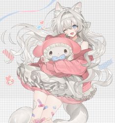 Rule 34 | :3, ;d, animal ear fluff, animal ears, bandaid, bandaid on knee, bandaid on leg, bare shoulders, blue bow, blue eyes, bow, dress, grey background, grey hair, hair between eyes, hair bow, hairband, heart, hug, jacket, layered dress, long hair, looking at viewer, lunch (lunchicken), my melody, off shoulder, one eye closed, onegai my melody, open clothes, open jacket, open mouth, original, pink jacket, pleated dress, sanrio, sleeveless, sleeveless dress, smile, solo, tail, very long hair, white bow, white dress, white hairband
