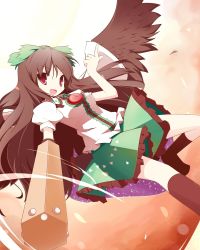 Rule 34 | 1girl, arm cannon, bow, brown hair, female focus, hair bow, highres, miko machi, reiuji utsuho, solo, touhou, weapon, wings