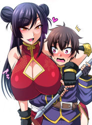 Rule 34 | 1boy, 1girl, bare shoulders, black hair, blush, breasts, brown hair, cleavage, cleavage cutout, clothing cutout, heart, heart-shaped pupils, huge breasts, long hair, nishida megane, open mouth, purple eyes, short hair, smile, symbol-shaped pupils, yellow eyes