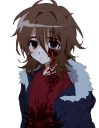 Rule 34 | 1boy, :&lt;, alternate eye color, biack cioud, blood, blood in hair, blood on clothes, blood on face, blue jacket, brown hair, closed mouth, commentary request, empty eyes, fur-trimmed jacket, fur trim, hood, hood down, hooded jacket, isoi reiji, jacket, korean commentary, long sleeves, male focus, open clothes, open jacket, red shirt, saibou shinkyoku, shirt, short hair, simple background, solo, upper body, white background, yellow eyes