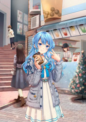 Rule 34 | 4girls, absurdres, blue bow, blue bowtie, blue eyes, blue hair, blue nails, bow, bowtie, bubble tea, cardigan, commentary, cup, drinking straw, earrings, grey cardigan, grin, hair bun, highres, holding, holding cup, hololive, hoshimachi suisei, hoshimachi suisei (school uniform), jewelry, kamui (kamuikaoru), long hair, long sleeves, looking at viewer, multiple girls, nail polish, open cardigan, open clothes, outdoors, sailor collar, shirt, side bun, single hair bun, single side bun, skirt, smile, stairs, star (symbol), star in eye, symbol in eye, v, virtual youtuber, white sailor collar, white shirt, white skirt