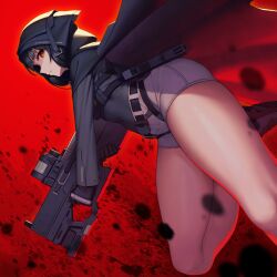 Rule 34 | 1girl, ambiguous red liquid, black coat, black gloves, black hair, black shirt, blunt bangs, boots, coat, covered navel, d (nikke), dutch angle, foot out of frame, gloves, goddess of victory: nikke, grey shorts, gun, high-waist shorts, highres, holding, holding weapon, holster, hood, hood up, hooded coat, long coat, looking at viewer, medium hair, red eyes, rotix, shirt, short shorts, shorts, solo, submachine gun, thighs, weapon
