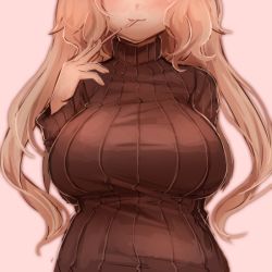 Rule 34 | 1girl, blonde hair, breasts, close-up, elsie-san (oshiruko), food, head out of frame, large breasts, long hair, original, oshiruko (tsume), pocky, pocky day, ribbed sweater, simple background, smile, solo, sweater