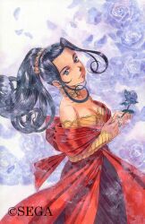 Rule 34 | 1990s (style), 1girl, bare shoulders, bead necklace, beads, black hair, blue flower, blue rose, closed mouth, collarbone, copyright notice, cowboy shot, detached sleeves, dress, floral background, flower, green eyes, hair ornament, holding, holding flower, jewelry, looking at viewer, matsubara hidenori, necklace, nose, official art, parted bangs, ponytail, red dress, retro artstyle, rose, sakura taisen, sakura taisen ii, second-party source, sega, soletta orihime, solo, solo focus, traditional media, yellow sleeves