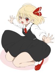 Rule 34 | 1girl, black skirt, black vest, blonde hair, blush, collared shirt, doroame (ameyu), full body, hair ribbon, highres, long sleeves, open mouth, outstretched arms, red eyes, red footwear, red ribbon, ribbon, rumia, shirt, shoes, short hair, skirt, smile, socks, solo, spread arms, teeth, touhou, upper teeth only, vest, white shirt, white socks