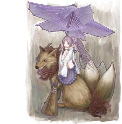 Rule 34 | 1girl, fox, highres, long hair, oil-paper umbrella, original, ponytail, purple eyes, purple hair, sitting, solo, umbrella, wason