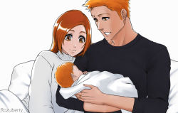 Rule 34 | bleach, brown eyes, couple, family, father and son, happy, hetero, holding, holding baby, inoue orihime, kurosaki ichigo, kurosaki kazui, long hair, long sleeves, looking at another, mother and son, open mouth, orange hair, rozuberry, short hair, smile, sweater, upper body, white background, white sweater