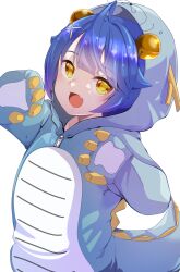 Rule 34 | 1girl, :d, ahoge, amamiya kokoro, animal costume, bell, blue hair, commentary request, dragon costume, dragon hood, fang, gradient hair, hair bell, hair ornament, hairclip, hands up, highres, hood, hood up, jingle bell, looking at viewer, multicolored hair, nijisanji, open mouth, purple hair, simple background, smile, solo, takara akihito, virtual youtuber, white background, x hair ornament, yellow eyes
