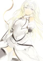 Rule 34 | 1girl, :d, arm behind back, armor, bare shoulders, blonde hair, boots, chain, collar, cowboy shot, fate/apocrypha, fate/grand order, fate (series), faulds, fur trim, gauntlets, headpiece, holding, holding weapon, jeanne d&#039;arc (fate), jeanne d&#039;arc (ruler) (fate), jeanne d&#039;arc (third ascension) (fate), looking to the side, lpip, open mouth, polearm, purple eyes, simple background, smile, solo, thigh boots, thighhighs, tiara, weapon, white background