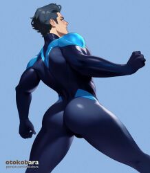 Rule 34 | 1boy, artist name, ass, back, bara, batman (series), black bodysuit, black hair, blue bodysuit, bodysuit, dc comics, dick grayson, highres, large pectorals, looking back, male focus, muscular, muscular male, nightwing, otokobara, patreon username, pectorals, short hair, simple background, solo, superhero costume, thick thighs, thighs, two-tone bodysuit