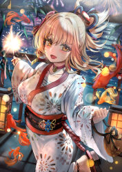Rule 34 | 1girl, :d, blonde hair, breasts, choker, collarbone, fireworks, fish, genshin impact, hair ornament, highres, himonoata, holding, holding fireworks, japanese clothes, kimono, large breasts, long sleeves, looking at viewer, night, open mouth, outdoors, red choker, smile, solo, sparkler, water, wide sleeves, yellow eyes, yoimiya (genshin impact)