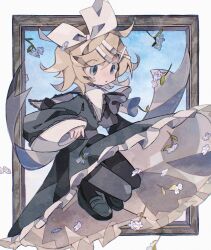 Rule 34 | 1girl, :o, black dress, black footwear, black pantyhose, blonde hair, blue eyes, bow, dress, female focus, flower, hair bow, hair ornament, hairclip, highres, kagamine rin, long sleeves, looking down, messy hair, pantyhose, shoes, sleeves past wrists, solo, soresaki, vocaloid, white bow, wind, wind lift, x hair ornament
