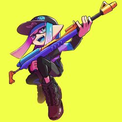 Rule 34 | 1girl, absurdres, baseball cap, black footwear, black hat, black leggings, blue eyes, blue hair, commentary request, full body, gradient hair, grey shorts, gun, hat, high tops, highres, holding, holding gun, holding weapon, inkling, inkling girl, inkling player character, leggings, leggings under shorts, long hair, multicolored hair, nintendo, open mouth, pink hair, pointy ears, print headwear, shoes, shorts, simple background, smile, sneakers, solo, splat charger (splatoon), splatoon (series), splatoon 3, suika (blueberry998), teeth, tentacle hair, two-tone hair, weapon, yellow background