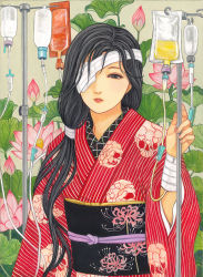 Rule 34 | 1girl, bandages, black eyes, black hair, eyepatch, floral print, flower, hand up, holding, intravenous drip, japanese clothes, kimono, lips, long hair, lotus, low-tied long hair, nadeshiko rin, original, parted lips, plant, solo, traditional media