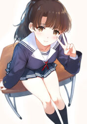 Rule 34 | 1girl, black socks, blue shirt, blue skirt, blunt bangs, blush, breasts, brown eyes, brown hair, caidychen, closed mouth, collarbone, commentary request, desk, feet out of frame, from above, hand up, highres, katou megumi, long sleeves, looking at viewer, medium breasts, miniskirt, on desk, parted bangs, pleated skirt, ponytail, saenai heroine no sodatekata, sailor collar, school desk, school uniform, shirt, simple background, sitting, on desk, skirt, smile, socks, thighs, v, v over eye, white background, white sailor collar
