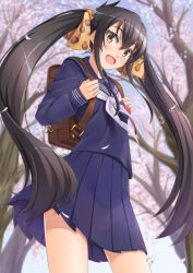 Rule 34 | 1girl, backpack, bag, black hair, blue sailor collar, blue shirt, blue skirt, blue sky, blurry, blurry background, blush, cherry blossoms, cowboy shot, day, falling petals, flat chest, from below, hair between eyes, hands up, holding strap, idolmaster, idolmaster cinderella girls, idolmaster cinderella girls starlight stage, long hair, long sleeves, looking at viewer, matoba risa, miri (ago550421), neckerchief, open mouth, outdoors, petals, pleated skirt, sailor collar, school bag, school uniform, serafuku, shirt, signature, skirt, sky, smile, solo, standing, tree, twintails, white neckerchief, yellow eyes