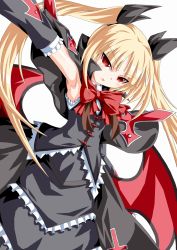 Rule 34 | 1girl, arc system works, blazblue, blonde hair, blush, capelet, detached sleeves, dress, frills, gothic lolita, hair ribbon, kagerou (kers), kers, lolita fashion, long hair, rachel alucard, red eyes, ribbon, solo, twintails, white background