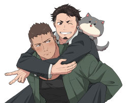 Rule 34 | &gt; o, 2boys, animal, animal on shoulder, bara, black hair, black jacket, black pants, black shirt, blush, brown eyes, brown hair, carrying, carrying person, closed mouth, couple, dark-skinned male, dark skin, dog, earrings, facial hair, goatee, green jacket, irie kazumichi, jacket, jewelry, large pectorals, looking at another, multiple boys, muscular, muscular male, oishi (psycho-pass), one eye closed, open clothes, open jacket, pants, pectorals, piggyback, psycho-pass, shirt, short hair, single earring, smile, sugo6969, teeth, undercut, v, yaoi