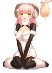 Rule 34 | 1girl, absurdres, animal costume, between legs, black thighhighs, blunt bangs, breasts, cleavage, drooling, female focus, hand between legs, highres, horns, iltusa, large breasts, looking at viewer, open mouth, original, pink hair, sheep costume, sheep horns, sitting, solo, thighhighs, yellow eyes