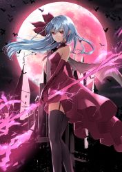 Rule 34 | 1girl, aged up, bare shoulders, bat (animal), bat wings, black thighhighs, blue hair, breasts, castle, choker, dress, elbow gloves, frilled dress, frills, garter straps, gloves, hair ribbon, highres, holding, holding polearm, holding weapon, lace, lace choker, long hair, looking at viewer, moon, night, pointy ears, polearm, red eyes, red moon, remilia scarlet, ribbon, serious, shironeko yuuki, sidelocks, sky, small breasts, solo, spear the gungnir, star (sky), starry sky, thighhighs, touhou, weapon, wings, zettai ryouiki