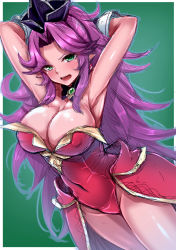 Rule 34 | 1girl, absurdres, angela (seiken densetsu 3), armpits, arms behind head, arms up, bare shoulders, blush, breasts, cleavage, covered erect nipples, green eyes, highres, large breasts, long hair, looking at viewer, open mouth, pointy ears, purple hair, seiken densetsu, seiken densetsu 3, solo, tagme