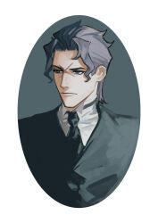 Rule 34 | 1boy, ace attorney, bad id, bad pixiv id, barok van zieks, black jacket, black necktie, blue eyes, border, closed mouth, collared shirt, formal, grey background, grey hair, highres, jacket, male focus, necktie, raycrodu h, round image, scar, scar on face, shirt, short hair, simple background, solo, suit, the great ace attorney, upper body, white border, white shirt